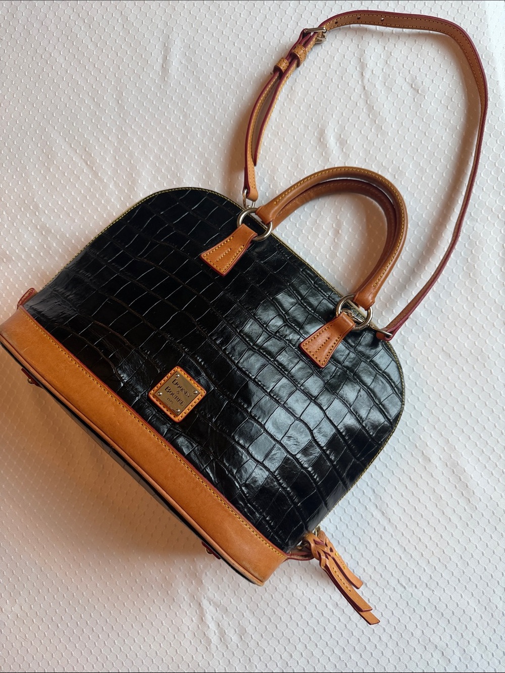 Dooney & Bourke Black Croc-Embossed Satchel with Tan Trim